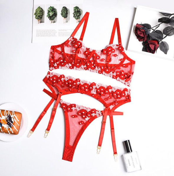 Sexy Lingerie Lace Hollow Ladies New Mini Flower Embroidery Three Pieces Set